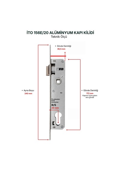 İto Kilit 156E/20 Alüminyum Kapı Kilidi - Aldoks Serisi Gömme Kilit (Barelsiz)