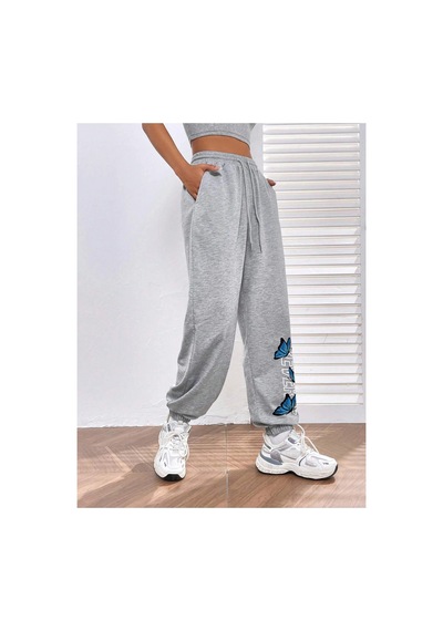 Tarzsokak Letter & Butterfly Print Slant Pocket 4 Mevsim Eşofman Gri