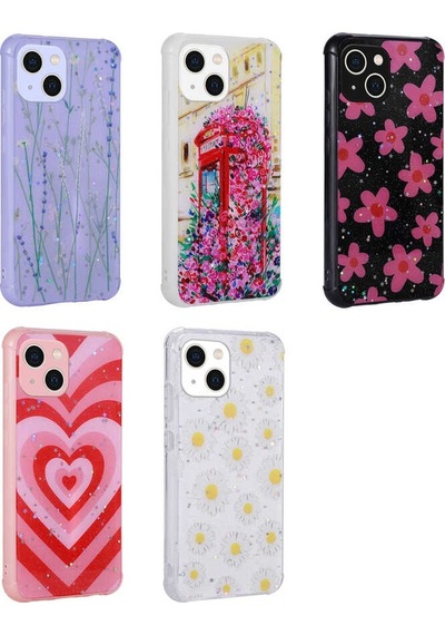 Apple Uyumlu iPhone 13 Uyumlu Simli Desenli Kamera Korumalı Parlak Zore Popy Kılıf-kalp Kalp -