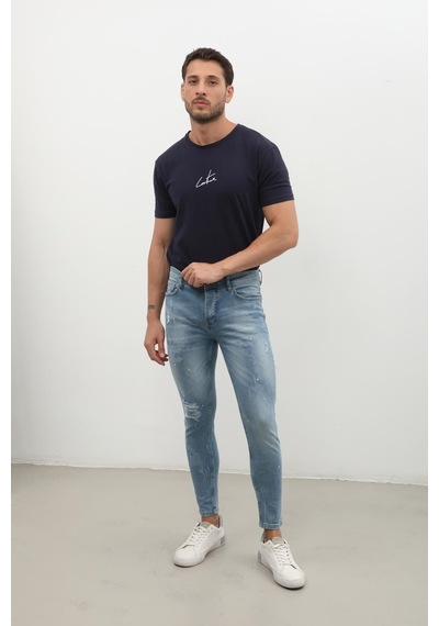 Erkek Skinny Ripped Jean Açık Mavi Koyu Mavi