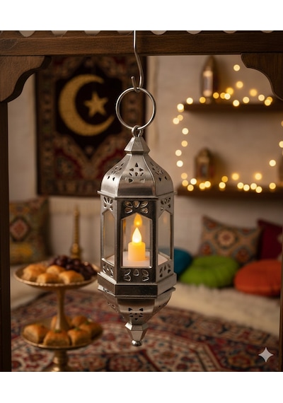 20 Cm Ramazan Ledli Asmalı Parlak Gümüş Fener - Pil Dahil Dekoratif Ramazan Feneri Diğer