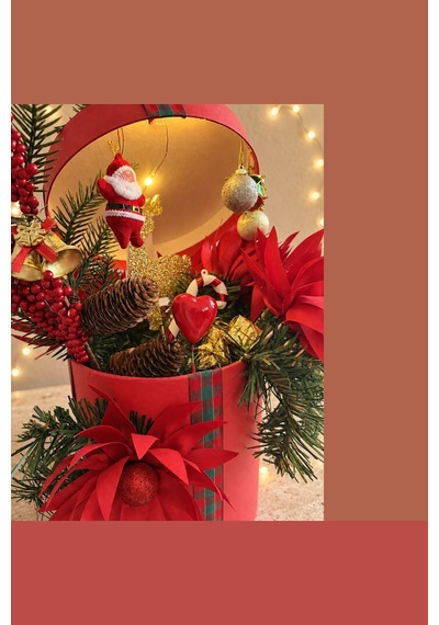 Coffret Magique Işıklı Kapaklı Noel Babalı Yılbaşı Hediye Kutusu - El Yapımı Yapay Çiçek Kırmızı