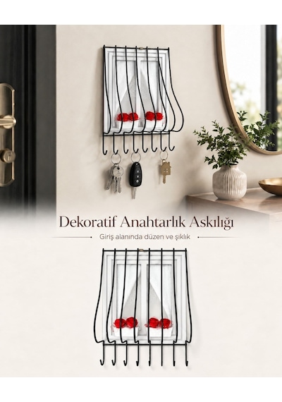 Ahşap Pencere Tasarımlı Duvar Tipi Anahtarlık Anahtar Askılığı Dekoratif Organizer Beyaz