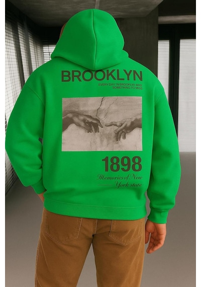 Benroma 3 İplik Penye Brooklyn Baskılı Sweatshırt Yeşil