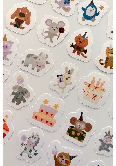 Sevimli Hayvanlar Doğum Günü 25 Parça Sticker Paketi Suya Dayanıklı Laptop Termos Telefon Etiket Seti