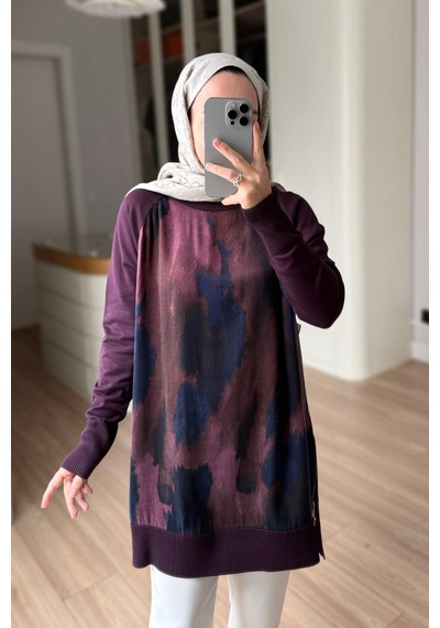 Kahijab Yan Fermuarlı Desenli Boğazlı Merserize Tunik - Mürdüm