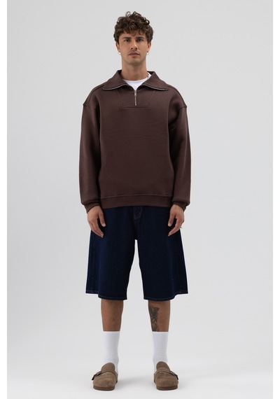 Vamos Basic Fermuarlı Dik Yaka Sweatshirt Kahve