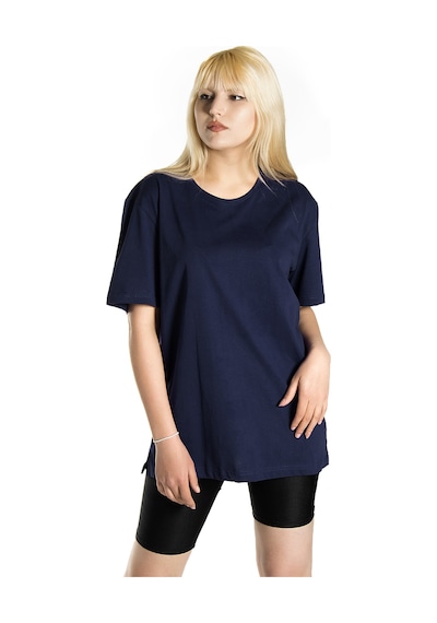 Kadın Lacivert Basic Bisiklet Yaka Oversize Pamuklu T-shirt Lacivert