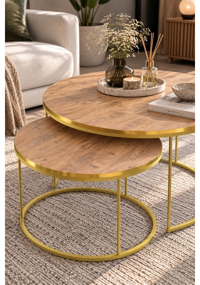 Sulorahome 2'li Yuvarlak Orta Sehpa Seti Ceviz Ve Gold Metal Ayaklı Altın - Ceviz Sulorahome 2'li Yuvarlak Orta Sehpa Seti Ceviz Ve Gold Metal Ayaklı Altın - Ceviz