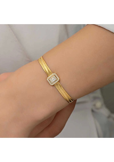 Gümüş Gold Baget Taşlı Trabzon Hasır Kadın Bileklik Çok Renkli