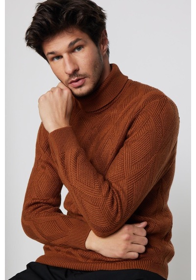 Tudors Slim Fit Dar Kesim Tam Balıkçı Yaka Desenli Kahverengi Erkek Triko Kazak-29716-kahverengi Kahverengi