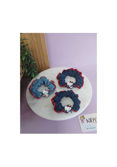 Hello Kitty Figürlü Scrunchie Lastik Toka Denim Kumaş Şık Saç Aksesuarı 1 Adet Lacivert