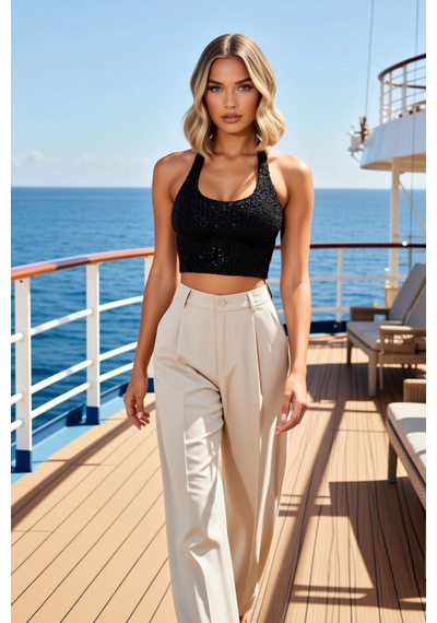 Benerly Kadın Bluz Crop Kare Yaka Kolsuz Bedene Oturan Örme Payet Dokuma siyah