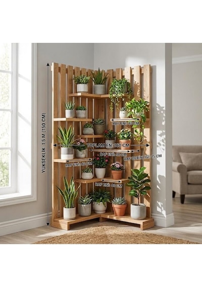 Wooddesign Çok Katlı Ahşap Köşe Çiçeklik Saksılık Ve Dekoratif Raf Modülü 160x150 Cm Bej