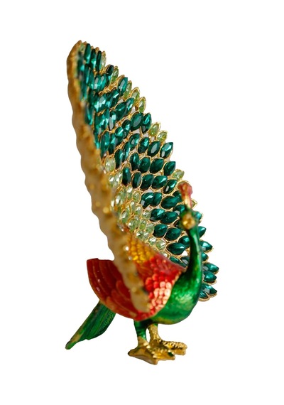 Kristal Taşlı Metal Tavus Kuşu Biblo, El İşçiliği Dekoratif Figür, 17x16 Cm, Yeşil Diğer