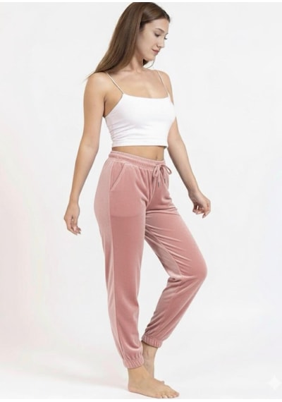 Kadın Soft Cepli Fransız Kadife Tek Alt Pijama Pudra