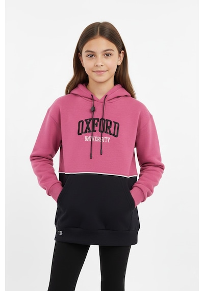Kapşonlu Oxford Baskılı Kanguru Cepli Kız Çocuk Sweatshirt-90865 Pembe