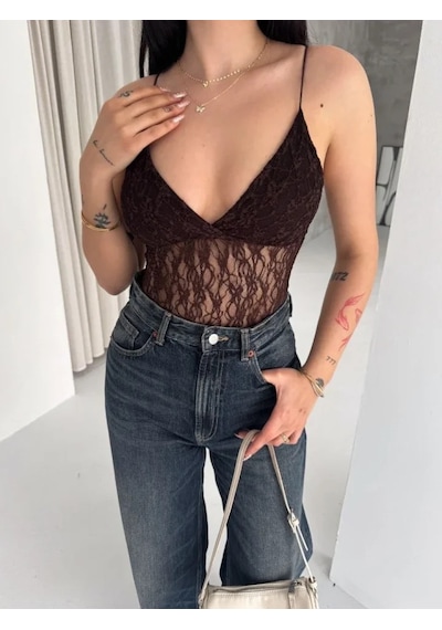 Efnaz Style Dantel Detaylı Derin Dekolte Body Şık Kolsuz Yazlık Bodysuit - Kahverengi
