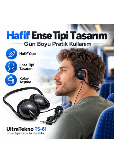 Ultratekno Ts-61 3.5mm Stereo Ense Kulaklık Kablolu Kulak Arkası Mp3 Pc Laptop Telefon