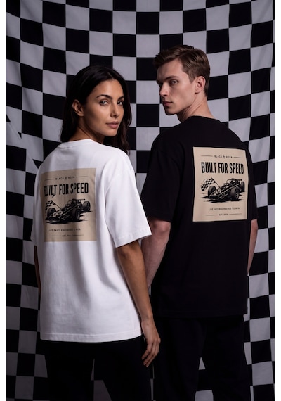 Black Nova Oversize Baskılı Unisex Tişört Built For Speed Beyaz