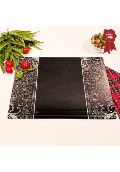 Kanallı Cam Kesme Tahtası - Black Ornament - 25x35cm