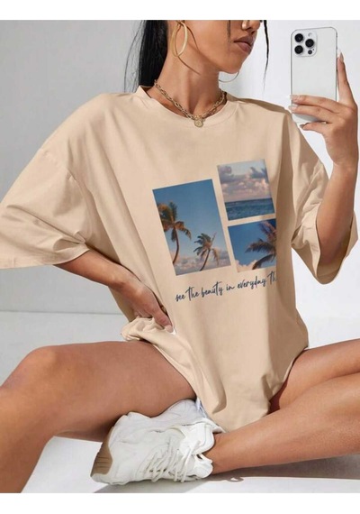 Noıssey Bej Baskılı Oversize Unisex