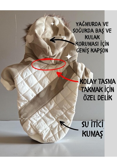 Creamy Camo Kamuflaj Desenli Krem Rengi Köpek Montu Kışlık Ceket