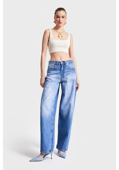 Itsbasic Kadın Mavi Kot Rengi 10s5-4 Kemer Tokalı Barrel Fit %100 Koton Denim Jean