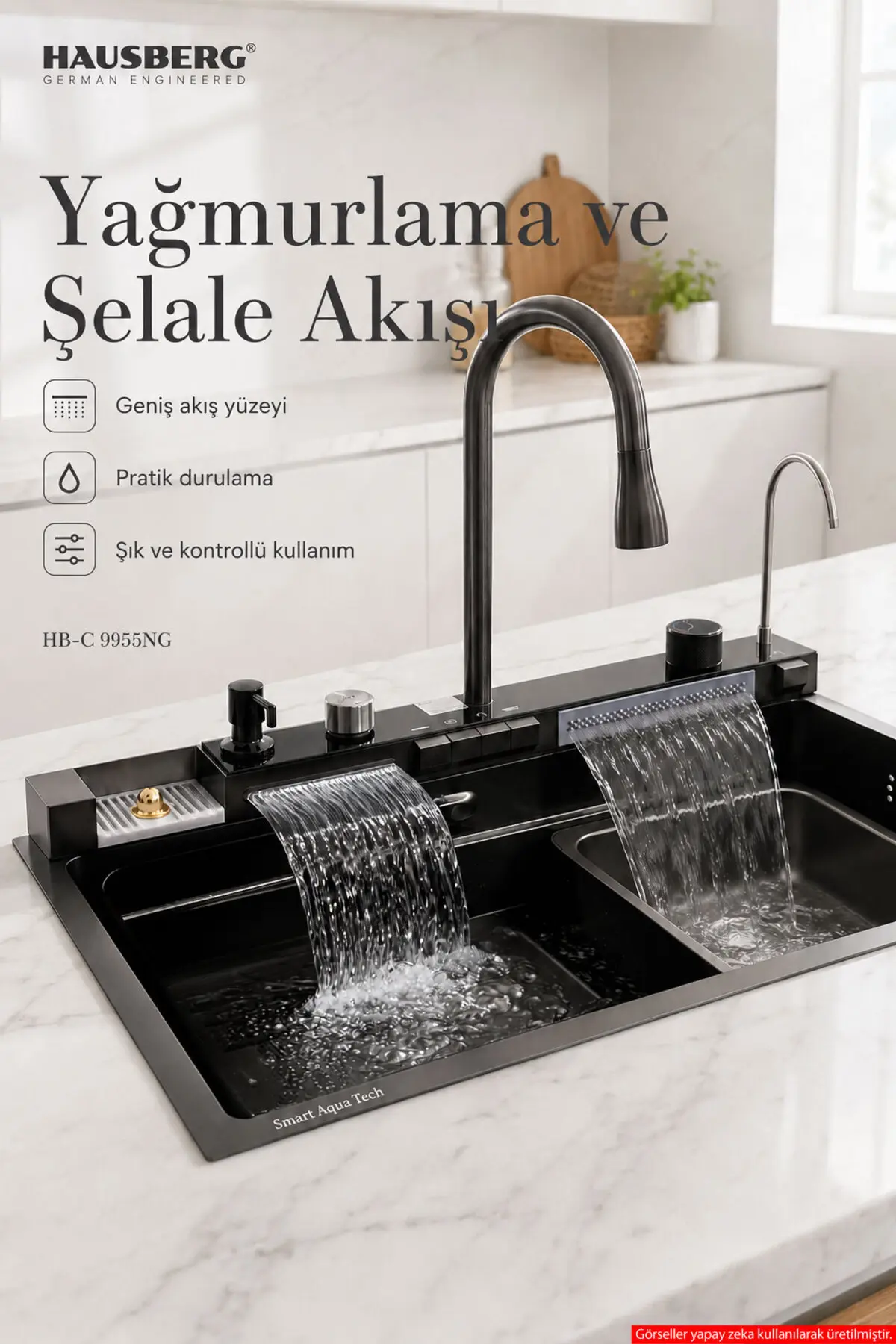Dijital Akıllı Evye Seti Şelale Bataryalı, Led Sıcaklık Göstergeli, Bal Peteği Tabanlı Paslanmaz Çelik Teknolojik Mutfak Evyesi,7+1 Fonksiyonlu, Aksesuarları Dahil Siyah