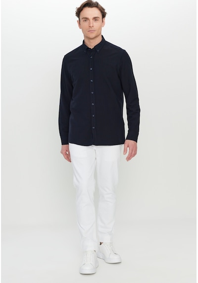 AC&Co / Altınyıldız Classics  Erkek Lacı Slim Fit Dar Kesim Düğmeli Yaka Armürlü Gofre Desenli Gömlek Lacı Lacivert