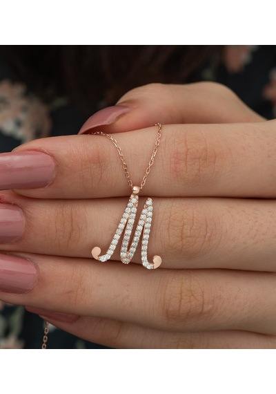 925 Ayar M Harfi Kolye Kadın Gümüş Kolye Rose Gold