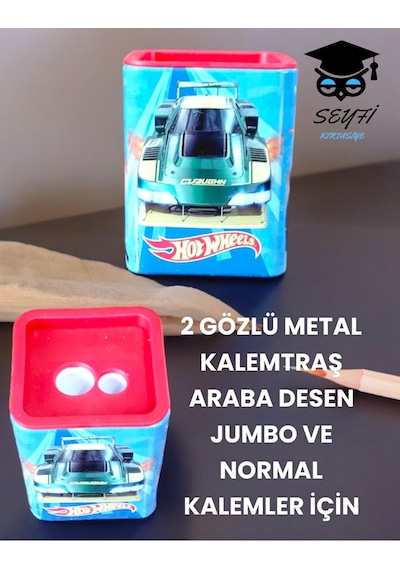 2 Gözlü Metal Kalemtraş Araba Desen Jumbo Ve Normal Kalemler İçin