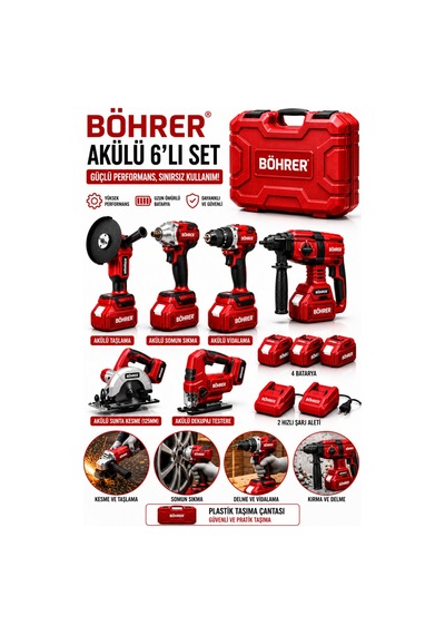 Böhrer BA011387 4 Akü 2 Şarj Aleti 36V 5AH Akülü Kombo 6 Makine Set