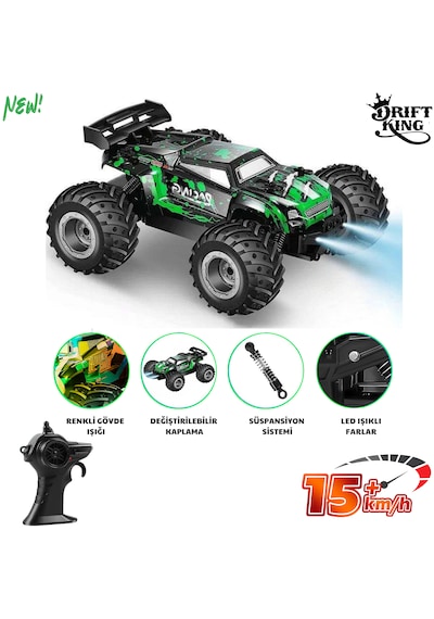 Oyuncak 2.4 Ghz Uzaktan Kumandalı Şarjlı Led Işıklı Drift Atan 15 Km Hız Off Road 45 Dk Batarya Yeşil