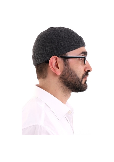 Kışlık Kadife Takke Katlamalı Düz Desen - Açık Siyah