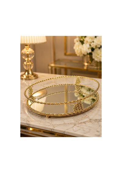Sleep Nova Gold Üzüm Motifli Aynalı Oval Dekoratif Tepsi Lüks Sunum Tepsisi