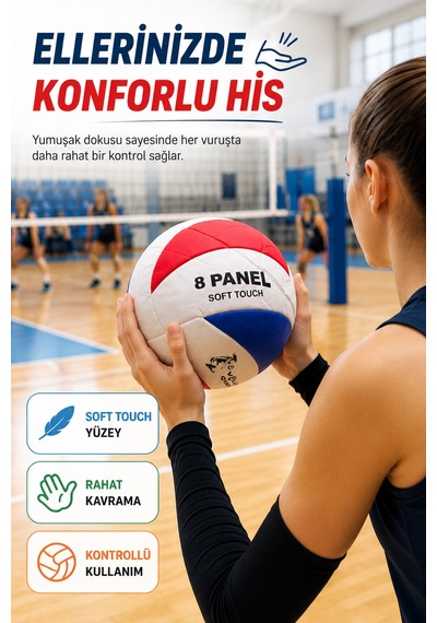 Voleybol Topu 5 No Kırmızı Mavi Soft Touch 8 Panel Dikişli Antrenman Okul Ve Oyun Topu