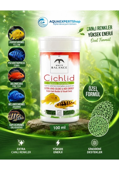 White Balance Cichlid Green Granules - Cichlid Balıkları İçin Özel Formül - Besleyici Ve Renk Canlandırıcı İçerik - 100 Ml