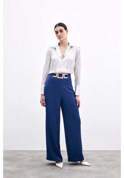 Sateen Bel Kemerli Saten Krep Pantolon - Lacivert-135973 Lacivert