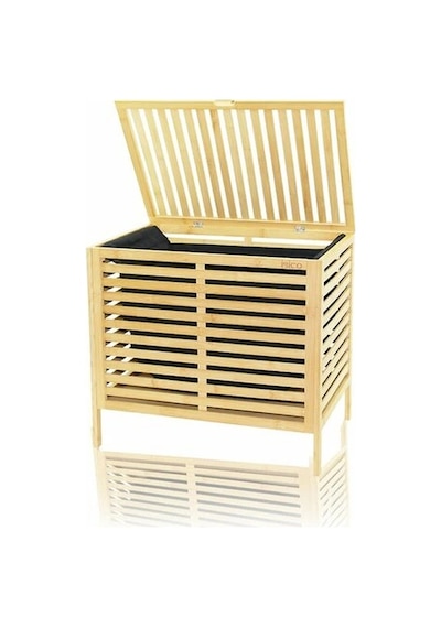 Kalın Ahşap Bambu Kirli Çamaşır Sepeti Siyah Kumaş Çantalı Sepet 50x38x55cm Çok Renkli