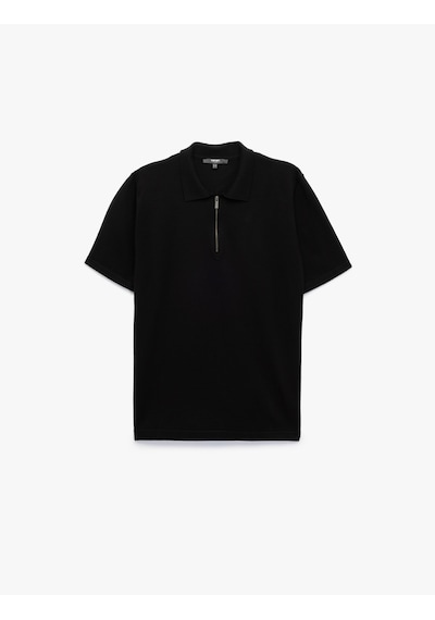 Koton Viskon Regular Fit Polo Yaka Yarım Fermuarlı Kısa Kollu Triko Tişört Siyah 6wam70011ht Siyah
