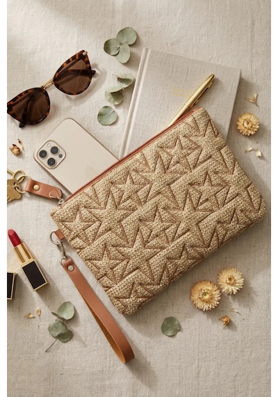 Adelina Bags Hasır Yıldız Nakış İşlemeli Portföy El Çantası Bilek Askılı Hasır Clutch Çanta