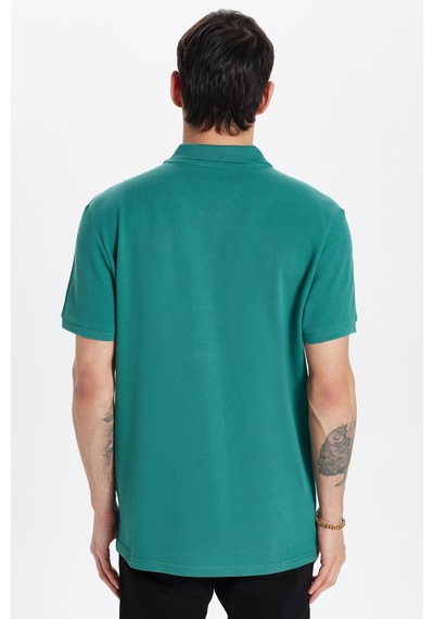 Tudors Erkek Slim Fit Dar Kesim %100 Pamuk Yeşil Yaka Tişört-32772 Eğrelti Yeşili Yeşil