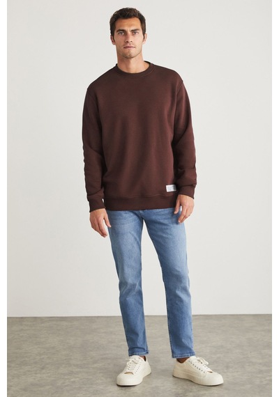 Grimelange GRIMELANGE Travıs Erkek Organik Kumaşlı Yumuşacık Regular Fit Yuvarlak Yakalı Kahverengi Sweatshirt Kahverengi