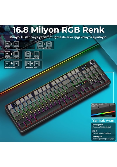 Aula F108 Pro Ekranlı Mekanik Klavye Zephyr Switch Rgb Hot Swap 8000mah Makrolu Oyuncu Klavyesi Gri