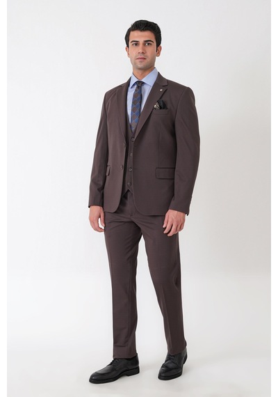 Efor Slim Fit Esnek Pamuklu Dokulu Kahverengi Yelekli Takım Elbise Tk 959