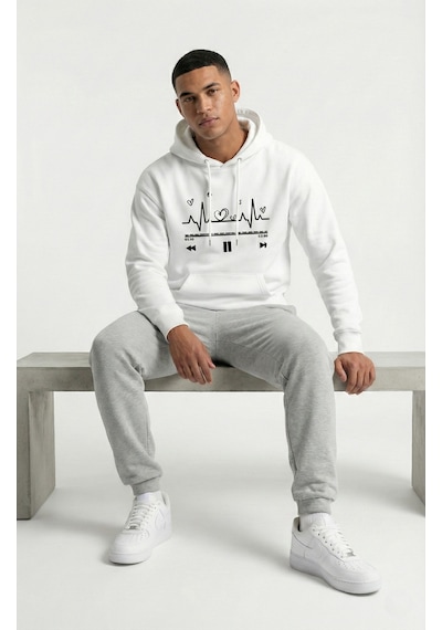Unisex Oversize Kalp Ritmi Baskılı Çift Hoodie Beyaz