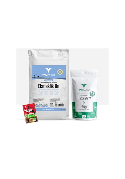Tam Tarım Glutensiz %100 Tam Çiğ Karabuğday Unundan Ekmeklik Un 5 KG + Psyllium Karnıyarık Otu Tozu 100 G + Kuru Maya 3 x 10 G