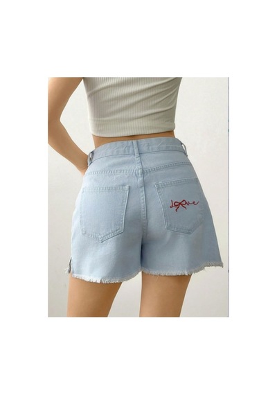 Kene Jeans Paça Püskül Yan Yırtmaç Arka Cep Nakışlı Buz Mavi Kot Şort Mavi