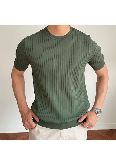 Tarz Cool Erkek Fitilli Slim Fit Bisiklet Yaka Triko T-shirt Haki